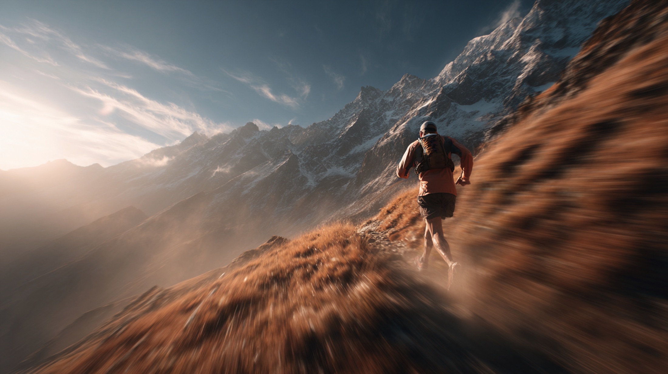 Trail runner ascending an alpine ridge at sunrise